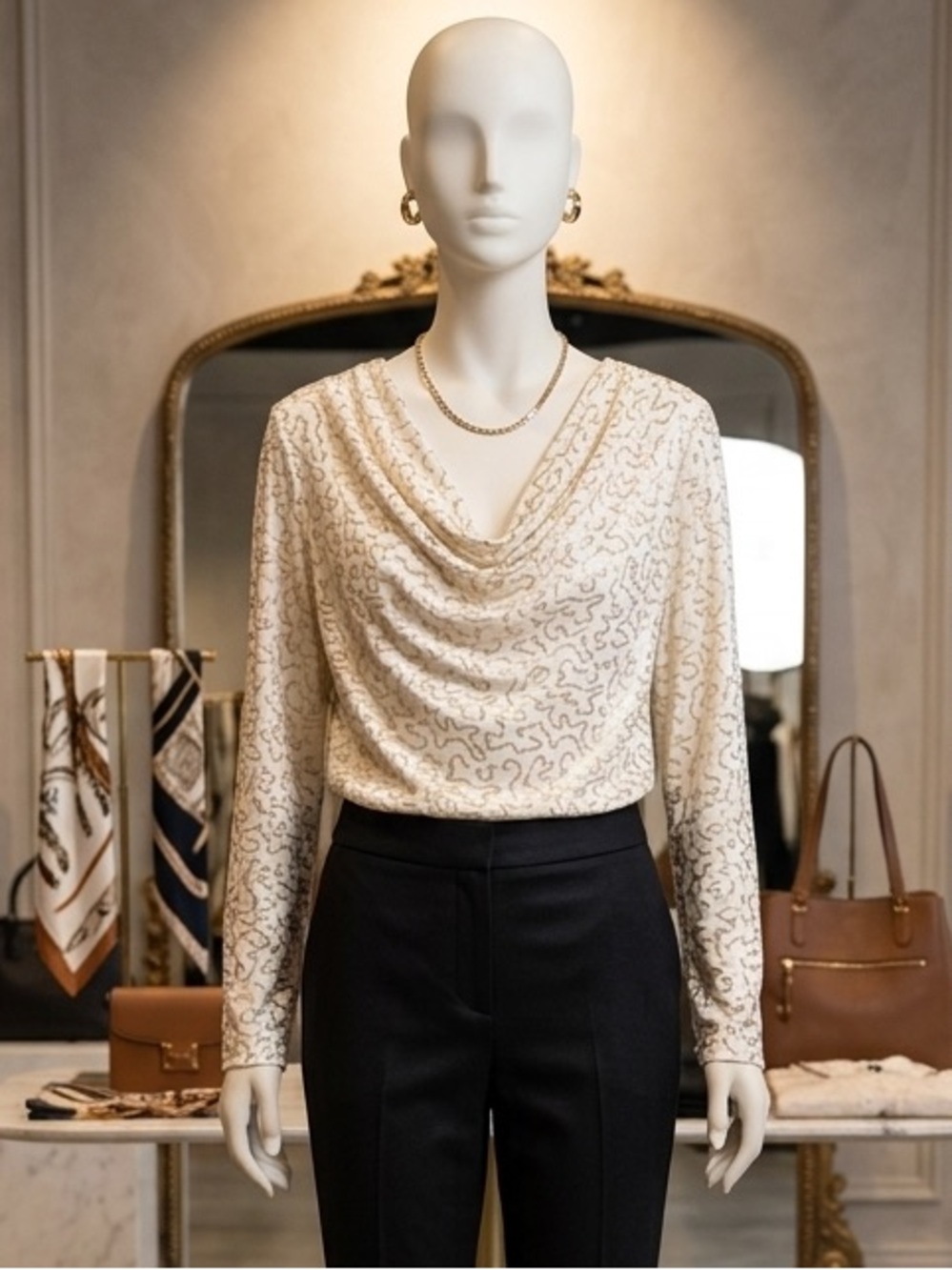 Rafaella Cream Cowl-Neck Blouse with gold sequins.